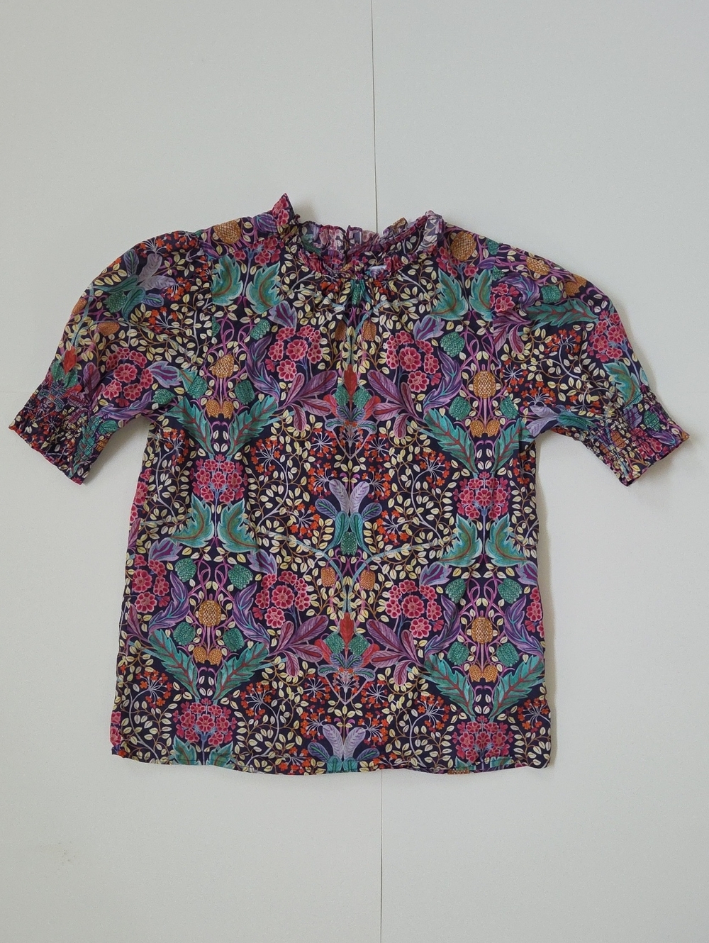 J. Crew X Liberty Floral Smocked Neck Top in Purple, Teal & Pink